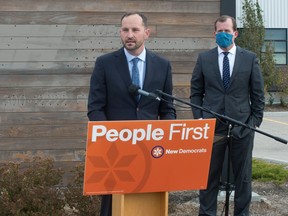 Saskatchewan New Democratic Party Leader Ryan Meili speaks to media during a campaign news conference held at the Global Transportation Hub in Regina on Oct. 2, 2020.