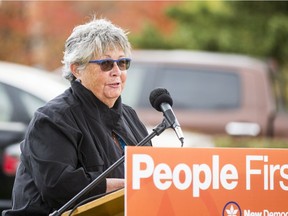Saskatoon Eastview resident Kathie Cram speaks at an NDP campaign event in Saskatoon, SK on Tuesday, October 6, 2020.