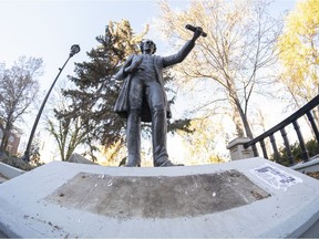 A statue of John A. Macdonald at Victoria Park. The nameplate at the base of the statue was recently, and anonymously, removed. MICHAEL BELL / Regina Leader-Post