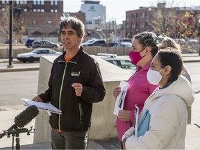 Brian Gallagher, Lindsey Bishop and Ingrid McColl (left to right) gather with family and friends to ask for help in locating Megan Michelle Gallagher, who was last seen Sept. 19, 2020. Photo taken in Saskatoon, SK on Wednesday, Oct. 14, 2020. (Saskatoon StarPhoenix/Matt Smith)