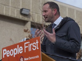 Saskatchewan New Democrat Leader Ryan Meili making one of his final campaign stops in Saskatoon on Saturday. (Kayle Neis/Saskatoon StarPhoenix)