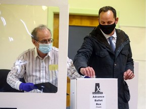 NDP Leader Ryan Meili casts his vote at an advance polling station in Saskatoon.