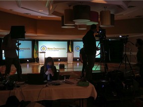 Saskatoon media prepare to report on election results in a quiet room at the Delta Hotels by Marriott in Saskatoon where Saskatchewan NDP Leader Ryan Meili and campaign staff have gathered to watch results come in.