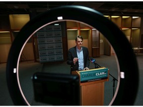 Mayoral candidate Charle Clark speaks to reporters at his campaign office on Oct. 28, 2020.