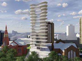 An artist's rendering of a 19-storey tower Meridian Development Corp. wants to build on Spadina Crescent, between Knox United Church and St. John's Anglican Cathedral.