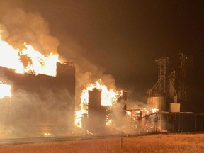 A fire broke out at the grain elevator in the village of Marengo late on Oct. 8, 2020.