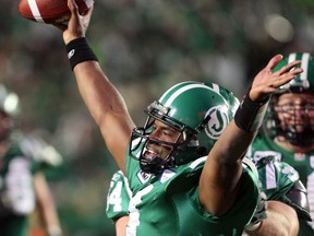 Saskatchewan Roughriders quarterback Darian Durant celebrates his fourth-quarter touchdown against the Montreal Alouettes in the 2009 Grey Cup game at McMahon Stadium in Calgary.