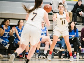 In this file photo from last season, the Evan Hardy Souls take on the Walter Murray Marauders in the Girls Blue Division at the 2019 Bowlt Classic basketball tournament at Bethlehem High School on Saturday, November 30, 2019, in Saskatoon.