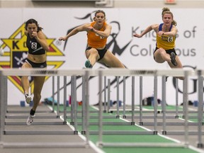 The Knights of Columbus Indoor Games, shown during the women's 60-m hurdles race in 2020, has been cancelled for a second straight year.
