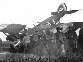 Neil J. (Piffles) Taylor's downed plane on Sept. 19, 1917. Photo courtesy Trevor Henshaw (author: The Sky Their Battlefield II).