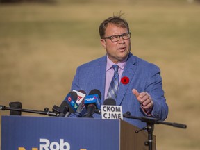 Mayoral candidate Rob Norris speaks to reporters in Saskatoon on Nov. 2, 2020.