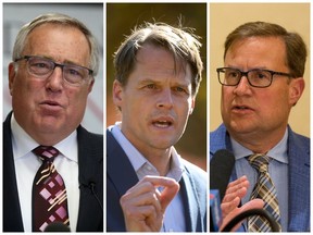 (From left) Saskatoon mayoral candidates Don Atchison, Charlie Clark and Rob Norris took part in a panel discussion on Nov. 3, 2020 hosted by CBC. (Michelle Berg and Matt Smith / Saskatoon StarPhoenix)