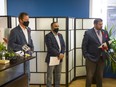 Mayoral candidates Cary Tarasoff, Zubair Sheikh, and Mark Zielke (left to right) held a joint press conference in Saskatoon on Wednesday, November 4, 2020.