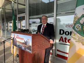 Mayoral candidate Don Atchison calls for the Canada Revenue Agency's tax case against Saskatoon-based uranium giant Cameco to be dropped during a news conference at this campaign office along Eighth Street in Saskatoon on Friday, Nov. 6, 2020. (Phil Tank/Saskatoon StarPhoenix)