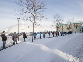 People line up outside Lakewood Civic Centre on Nov. 13 to cast their vote in the Saskatoon election.