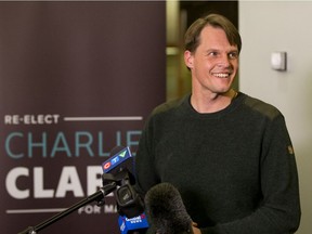 Mayor Charlie Clark speaks with media after being declared the winner of the municipal election in Saskatoon, SK on Friday, November 13, 2020.