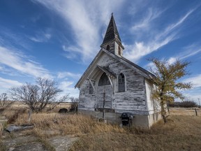 The church in Wartime, Sask. is boarded up. Only two families remain in the town.