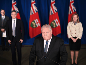 Ontario Premier Doug Ford speaks during a press conference in Toronto regarding further COVID-19 restrictions, Friday, November 20, 2020.