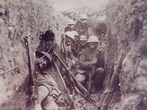 Canadian soldiers, possibly PPCLI members, in the trenches near Vimy Ridge in 1917.