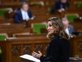 Minister of Finance Chrystia Freeland delivers the 2020 fiscal update in the House of Commons on Parliament Hill in Ottawa on Monday, Nov. 30, 2020.