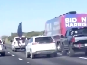 A convoy of pro-Trump vehicles surrounded a tour bus carrying campaign staff for Democratic challenger Joe Biden on a Texas highway.