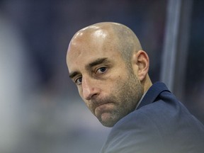 Saskatoon Blades head coach Mitch Love, shown here while his team took on the Lethbridge Hurricanes in WHL action at SaskTel Centre in Saskatoon on Saturday, February 1, 2020.