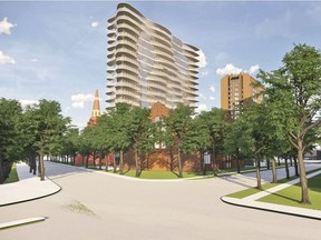 This rendering shows a 19-storey tower being planned by Meridian Development for the parking lot between Knox United Church and St. John's Anglican Cathedral in downtown Saskatoon. (City of Saskatoon)
