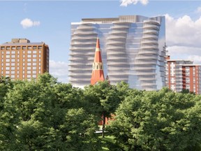 A drawing of a 19-storey tower on Spadina Crescent proposed by Meridian Development Corp.