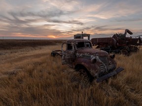 Old farm equipment sits in a field near Meyronne, which sits along Saskatchewan's Highway 13, which has been nicknamed the "Ghost Town Trail." Photo taken on Oct. 8, 2020. (Saskatoon StarPhoenix/Matt Smith)