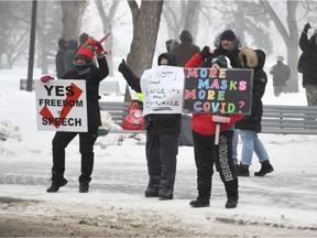 More than 100 people gathered in Saskatoon's Kiwanis Park on Saturday, Dec. 19, 2020 for a "freedom rally" protesting against various restrictions put in place to combat the spread of COVID-19, including public health orders around wearing masks and limiting gathering sizes.