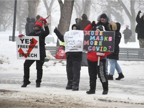 More than 100 people gathered in Saskatoon's Kiwanis Park on Saturday, Dec. 19 for a "freedom rally" protesting against various restrictions put in place to combat the spread of COVID-19, including public health orders around wearing masks and limiting gathering sizes.