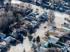 An aerial view of the flooding in downtown Fort McMurray is shown on Tuesday, April 28, 2020.