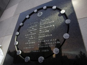 A memorial at Ècole Polytechnique lists the names of the fourteen women killed by lone gunman Marc Lépine in the 1989 Montreal Massacre at Ècole Polytechnique in Montreal