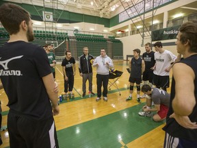 Former University of Saskatchewan Huskies men's volleyball head coach Brian Gavlas, shown here in this file photo speaking with his team at the start of their last practice before going to the 2016 national championship.