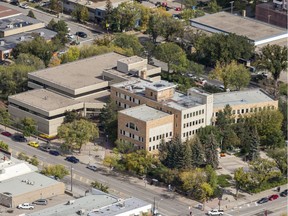 An aerial view of Saskatoon city hall taken in 2019.