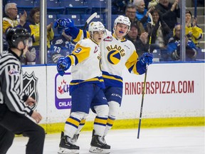 The Saskatoon Blades celebrate a goal on March 4, 2020, just before COVID-19 forced a cancellation of the season.