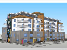 An artist's rendering of a 50-unit complex proposed for 512-520 Main Street in Saskatoon. The building is designed by AODBT architecture + interior design on behalf of 102065776 Saskatchewan Ltd.