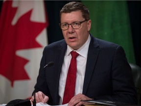 Saskatchewan Premier Scott Moe speaks to members of the media during a news conference regarding COVID-19 held at the Saskatchewan Legislative Building in Regina, Saskatchewan on Jan. 12, 2020.