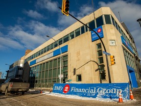 A sign for BMO sat on the street on Jan. 14 after winds gusting over 100 kilometres per hour roared through Saskatoon. The city saw high winds again overnight and into Wednesday morning.