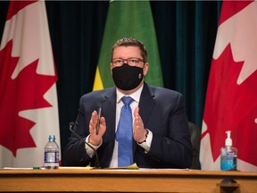 Saskatchewan Premier Scott Moe responds to a question during a press conference regarding COVID-19, held at the Saskatchewan Legislative Building in Regina, Saskatchewan on Jan. 26, 2021.