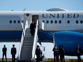 President Donald Trump disembarks Air Force One on November 2, 2020, in Fayetteville, N.C. Preparations are under way at an airport in Scotland for the arrival on January 19, 2021, of a smaller aircraft in the presidential fleet.
