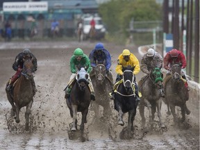 Naim Samara, in green, riding Miss Camelot battles for the lead with Garfield Gordon, in yellow, riding the horse Devirow during the second race at Marquis Downs  in Saskatoon on July 21, 2017.