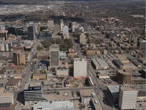 An aerial photo shows the downtown in Regina, Saskatchewan on May 9, 2019.