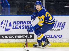 Saskatoon Blades forward Colton Dach moves the puck against the Kamloops Blazers in WHL action at SaskTel Centre in Saskatoon, SK on Friday, December 13, 2019.