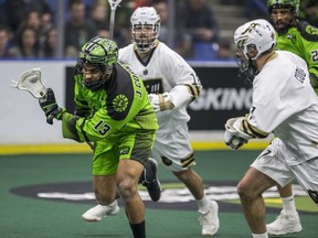 Saskatchewan Rush defender Jeff Cornwall moves the ball against the Vancouver Warriors during the team's final game before the 2019-20 season was cancelled.