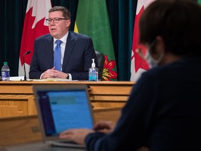 Saskatchewan Premier Scott Moe speaks to media during a news conference, regarding COVID-19, held at the Saskatchewan Legislative Building in Regina on Jan. 19, 2021.