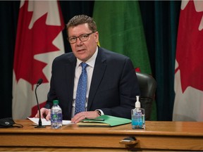 Saskatchewan Premier Scott Moe speaks to media during a press conference regarding COVID-19, held at the Saskatchewan Legislative Building in Regina,