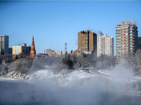 Steam rises from the South Saskatchewan River on Monday amid extreme cold temperatures.