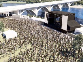 An artist's rendering of a proposed $12.9-million permanent outdoor festival site in Friendship Park, between the Broadway and Traffic bridges. City of Saskatoon renderings supplied to the StarPhoenix