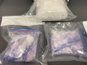 Saskatchewan RCMP seized approximately two kilograms of suspected methamphetamine and 104 grams of suspected cocaine after pulling over a driver who was speeding on Highway 16 near Maidstone on Feb. 9, 2021. Photo provided by the Saskatchewan RCMP.